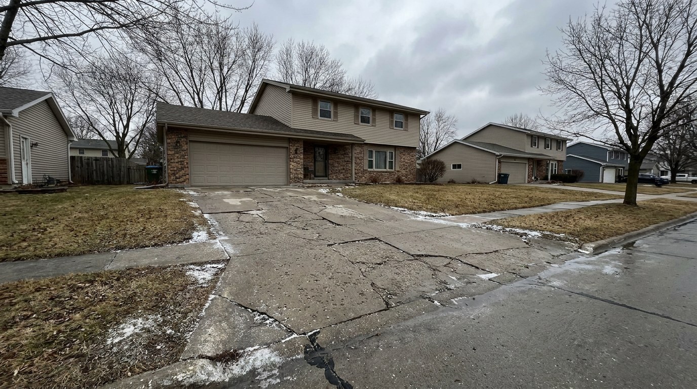 Freeze-thaw damaged concrete driveway in Urbandale Iowa Polk County de-icing salt scaling cracking heaving 36 cycles winter