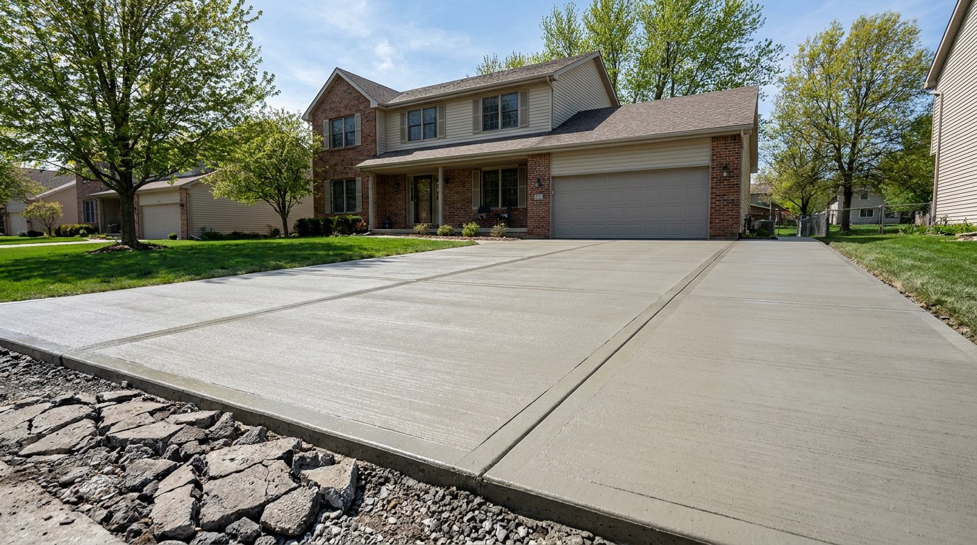 New concrete driveway in Urbandale Iowa Polk County freeze-thaw air-entrained mix control joints 36 cycles winter