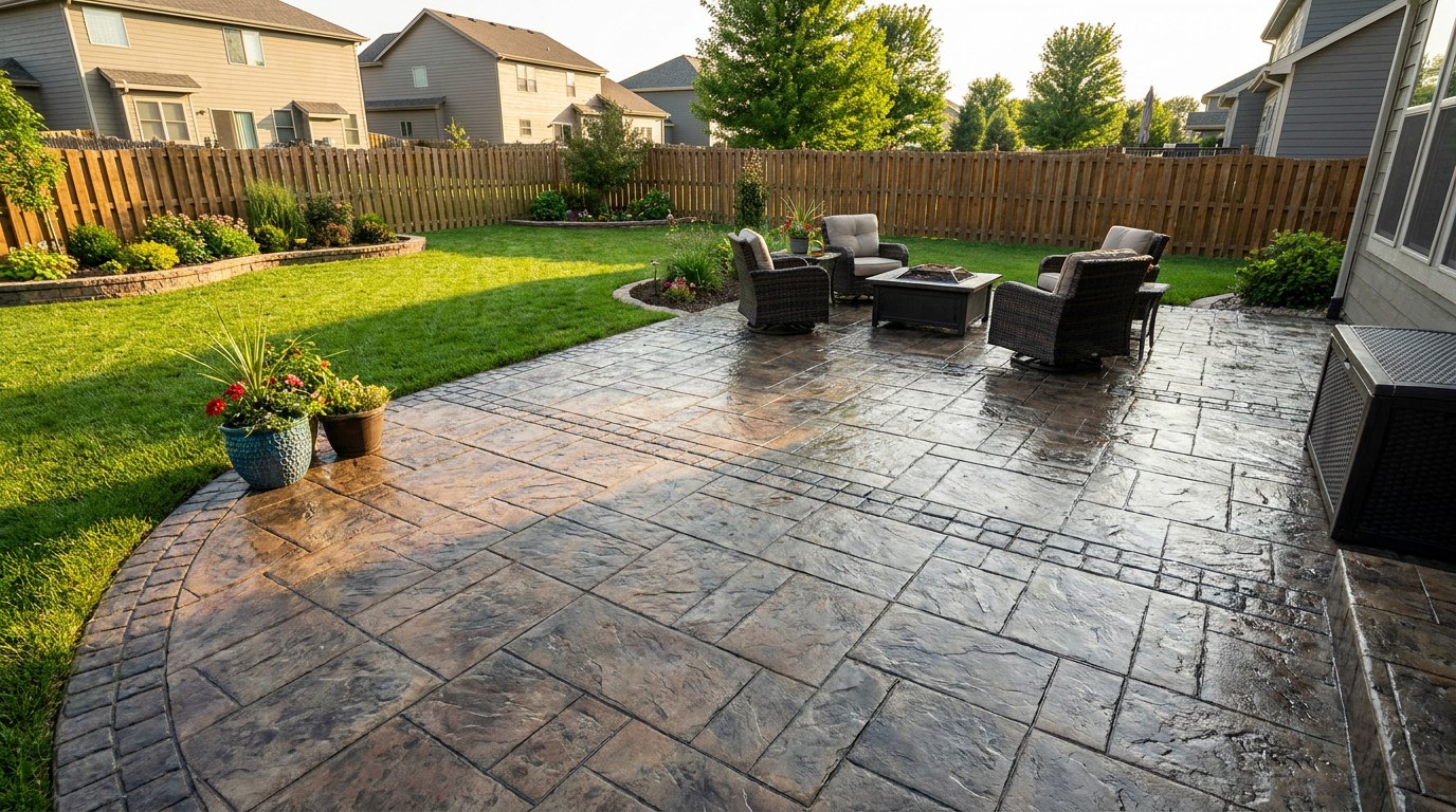 Stamped concrete patio in Urbandale Iowa Polk County residential backyard freeze-thaw sealed air-entrained